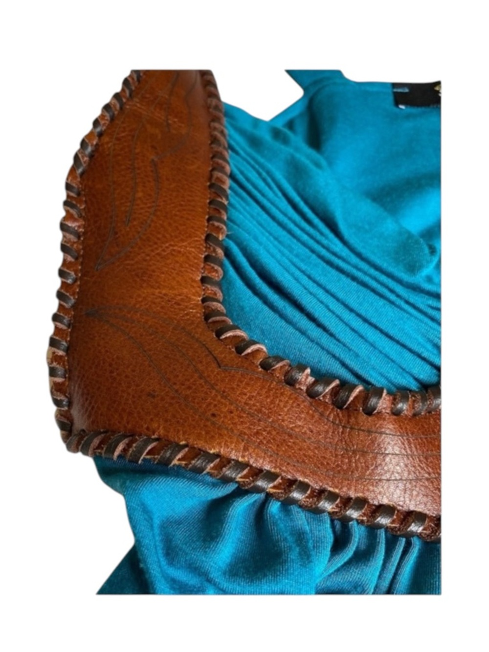 new Sky ☀︎︎ Etched Leather Bodice Embellished Sexy Strappy Silk Top ☀︎︎ Teal - Picture 4 of 16